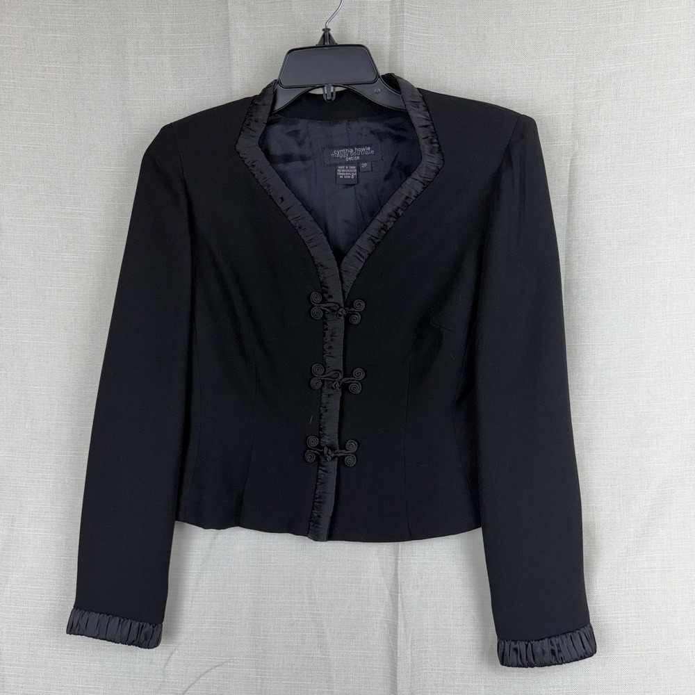 VTG Cynthia Howie Maggy Boutique Blazer Womens 2P Black Mandarin Frog Trim